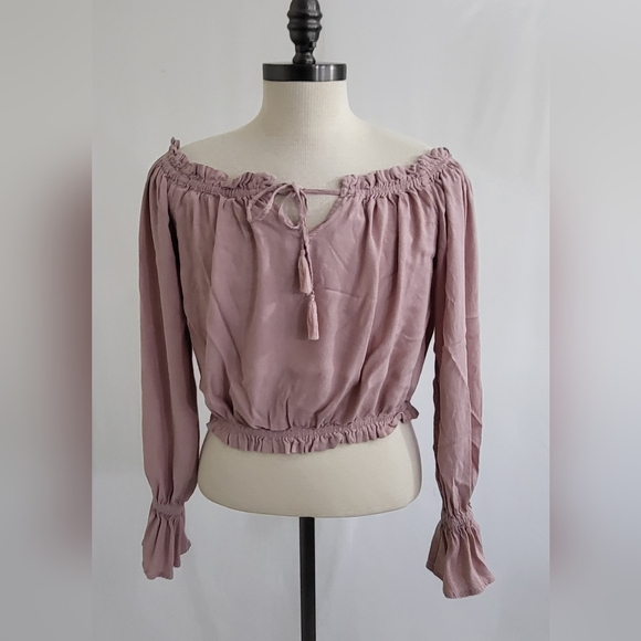 Forever 21 Gingham Off The Shoulder Crop Top Ling Sleeve Pink Size XL - Picture 1 of 8